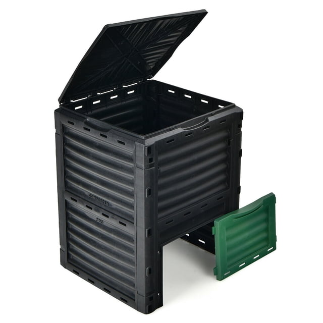 Gymax 80 Gallon Compost Bin Garden Waste Container in black with a green bottom exit door. The bin features a large openable lid for easy dumping of garden clippings and kitchen scraps. Made of durable PP material, it is weather-resistant and designed for outdoor use. The all-round air vents promote aerobic fermentation, completing composting in 6-8 weeks. Dimensions are 23.5'' x 23'' x 32''.