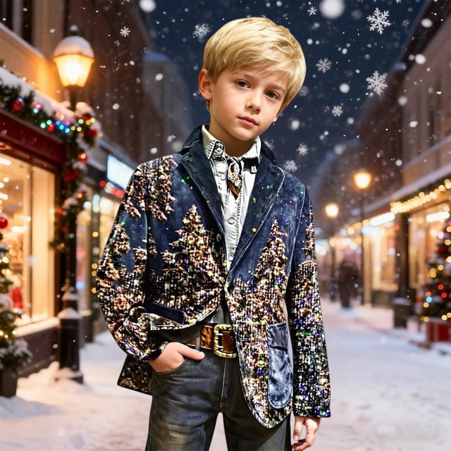 Boys Christmas Print Corduroy Blazer, All Over Christmas Pattern Lapel Suit Jacket with Buttons, Regular Fit Sports Coat for Parties, Prom, and Dinner Events Navy