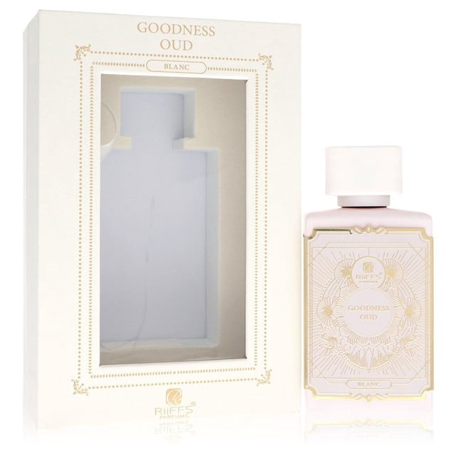 Riiffs Goodness Oud Blanc by Riiffs Eau De Parfum Spray, a unisex fragrance in a 3.4 oz bottle, displayed alongside its elegant cream-colored packaging with gold accents. The bottle features intricate detailing and a matching cream cap, suitable as a perfume for women.