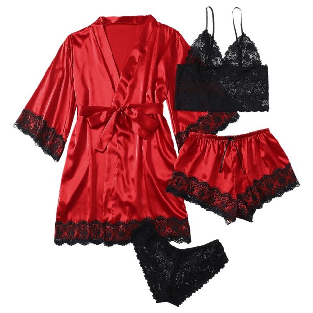 DuoJiaJ Women Nightgowns,Women's 4 Piece Lace Satin Strap Sleep Set With Robe Seductive And Comfortable Red
