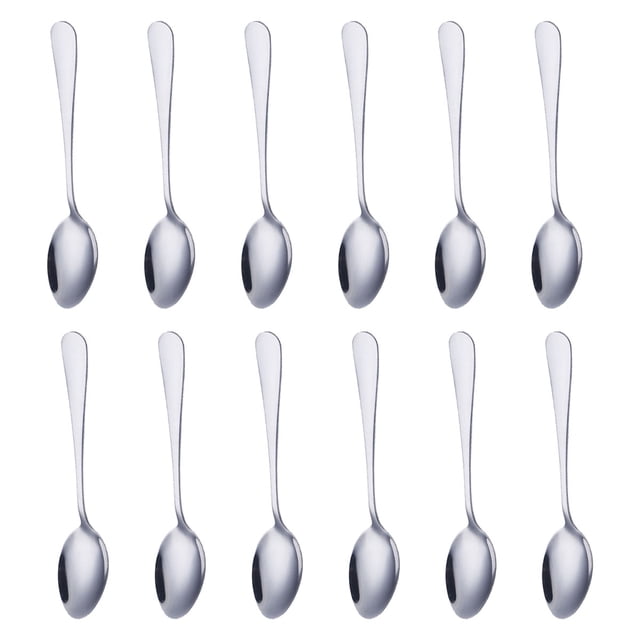 Durable Construction, Stainless Steel Spoons for Multipurpose Use, Classic Design to Elevate Any Table Setting (Set of 12). A set of twelve stainless steel spoons with a polished finish and smooth edges, arranged in a grid pattern. Each spoon features a balanced handle for a comfortable grip, suitable for various dining, serving, and flatware purposes. Ideal for adding elegance to table settings and dishwasher safe for easy cleaning.