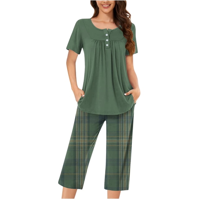 Timegard Womens Pajamas Sets Lounge Short Sleeve Pleated Top Checkered Capri Pants with Pockets Pjs Outfits