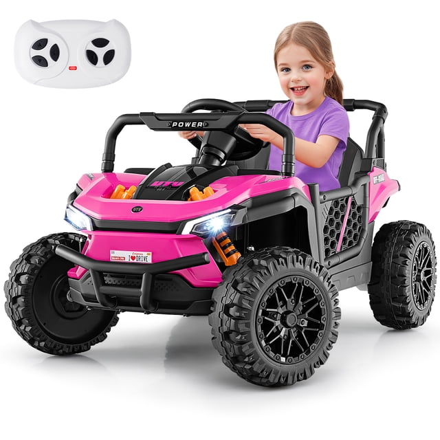 Gymax 12V Kids Ride on Truck in pink, a powered ride-on toy with parental remote control, 3 speed settings, forward and reverse functions, and spring suspension for smooth rides. Features LED lights, built-in horn, music, and a storage compartment. Suitable for children aged 3 and up.