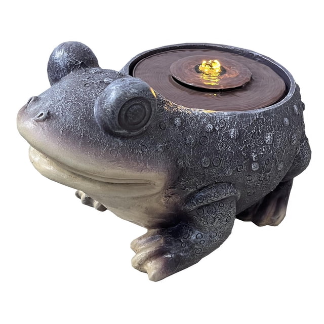 Angelo Décor Frog Fountain with textured dark gray frog base featuring circular patterns, bubbling water feature with energy-efficient pump and LED lighting, ideal for patios, decks, or gardens, measuring 16.73 by 11.42 by 10.24 inches, also suitable as an indoor decorative water accent.