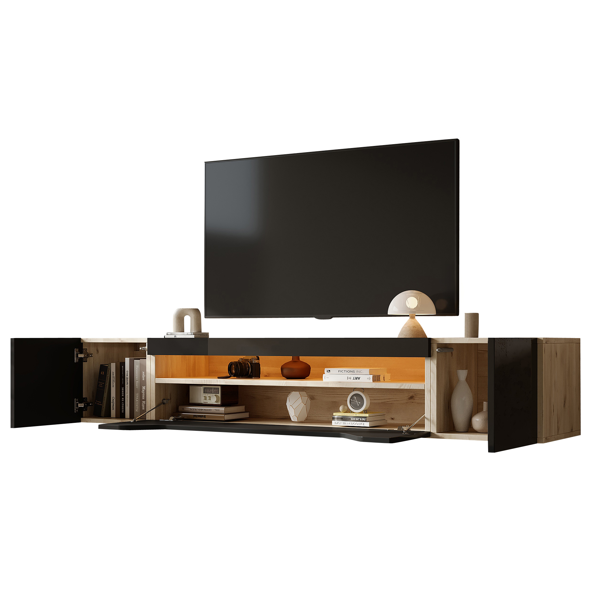 Homy Casa 64.9" Wall-Mounted TV Stand with LED Lights and 3 Storage Compartments, Black and Natural