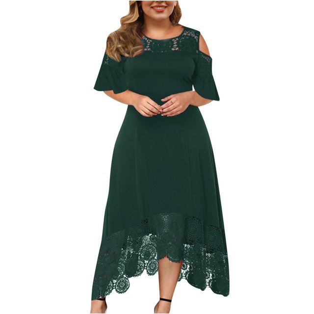 CHUANK Summer Plus Size Maxi Dresses For Wedding Guest Lace Stitching Dress Cold Shoulder Long Dresses Short Sleeve