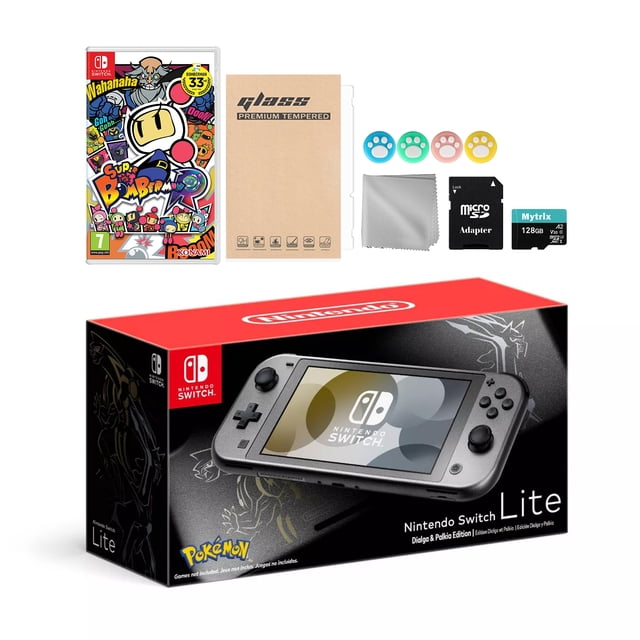 Nintendo Switch Lite Pokemon Dialga & Palkia Édition Limitée avec Super Bomberman R, Carte MicroSD Mytrix 128GB et Accessoires Ensemble de Disque de Jeu NS Meilleur Cadeau des Fêtes