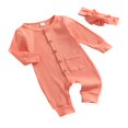 thumbnail image 2 of 2Pcs Baby Girls Outfit Solid Color Single-breasted Long Sleeve Romper with Pocket Headband Fall Outfits Set, 2 of 6