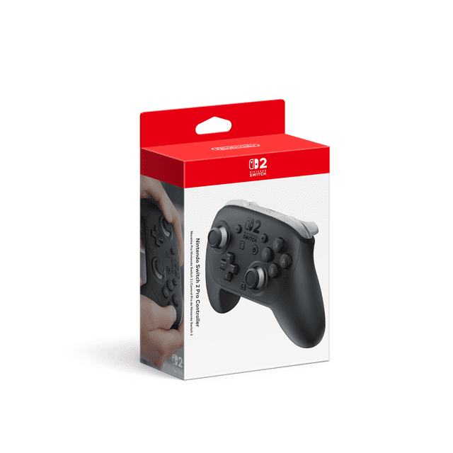 Nintendo Switch™ 2 Pro Controller retail packaging showing black ergonomic controller with dual analog sticks, D-pad, ABXY buttons, shoulder triggers, HD Rumble 2, motion controls, built-in amiibo functionality, and capture button for Nintendo Switch gaming.