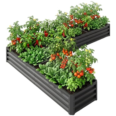 Outsunny L-Shaped Raised Garden Bed Galvanized Steel Planter Box Dark Grey