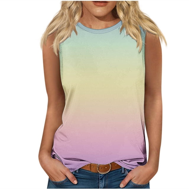Plebaso Débardeurs pour Femmes 2025 Sans Manches Col Rond T-Shirts Décontractés Imprimé Dégradé Blouses d'Été