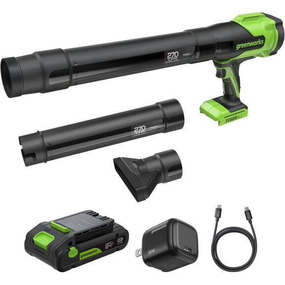 Greenworks Souffleur de Feuilles Compact Sans Balais 24V (130 MPH / 270 CFM), Puissant pour le Nettoyage de la Cour, du Patio, de la Terrasse et de l'Entrée, Comprend une Batterie USB-C 3,0ah et un Chargeur GaN