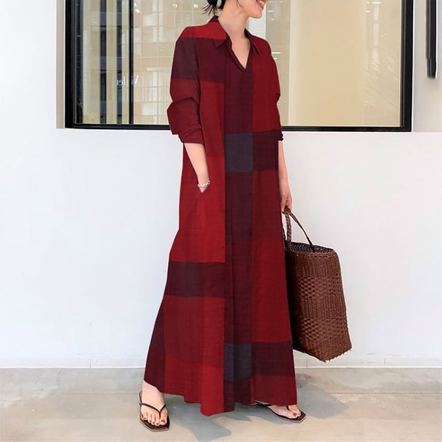 Robes Maxi pour Femmes 2023 Robe Chemise Longue Jupe Longue Manches Longues Poche Automne Printemps Col Chemise Robe Chemise en Liquidation