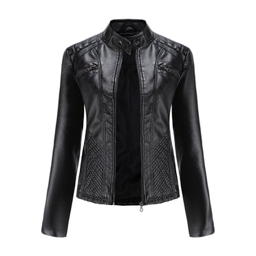 CEHVOM Women's Slim Leather Stand Collar Zip Motorcycle Suit Belt Coat Jacket Tops