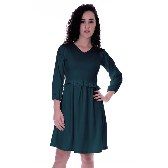 Moomaya Full Sleeves Gathered Dress w/ Ruffle Waist Casual Flowy Swing Dresses