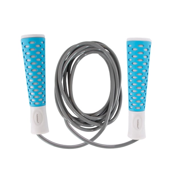 PurAthletics Speed Rope with blue perforated grips and coiled grey cable, an adjustable 6-foot jump rope for aerobic fitness accessories that enhances coordination, cardiovascular health, and muscle endurance, suitable for home or gym workouts.