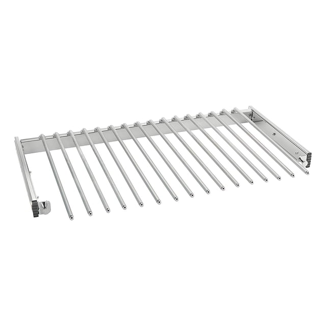 Rev-A-Shelf 30-inch pullout closet wire pant rack in chrome, featuring 16 non-slip hanging rods for organizing up to 16 pairs of pants. Made of heavy gauge plated metal wire with a full-extension ball-bearing slide system for smooth operation. Designed for custom closets with a width of 29.75 to 30.5 inches and a depth of 14 inches or more. Includes mounting hardware for easy installation. Also suitable for use as a towel rack in kitchens or bathrooms.