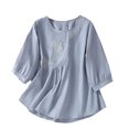 thumbnail image 1 of Timegard Hauts en Coton et Lin pour Femmes Manches 3/4 Col Rond Blouse Froncée Brodée Décontractée Ample, 1 of 7