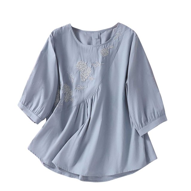 Timegard Hauts en Coton et Lin pour Femmes Manches 3/4 Col Rond Blouse Froncée Brodée Décontractée Ample