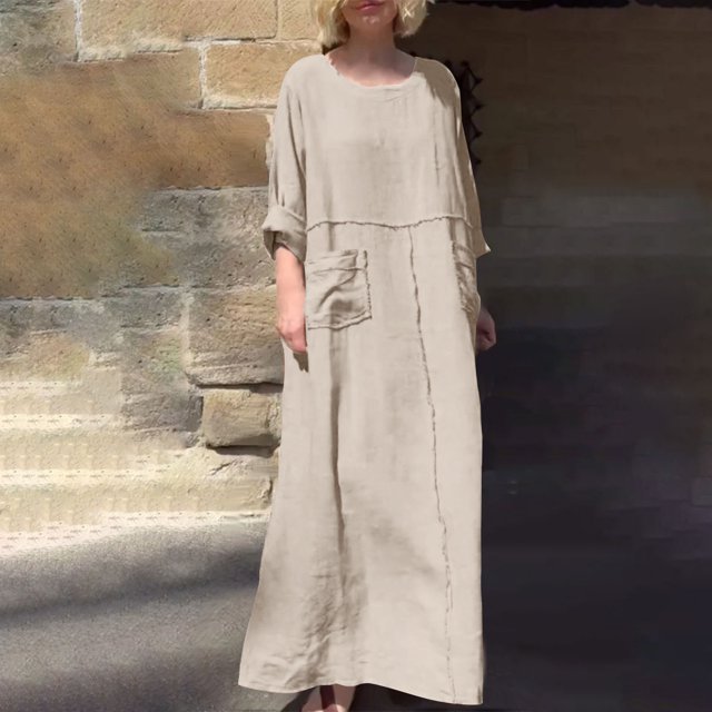 Gspmoly Robe d'Été, Robe Décontractée pour Femmes de Printemps et d'Été à Col en V, Unie et en Lin, avec Poches, à Manches Longues, Robes de Vacances pour Femmes Offres Prime