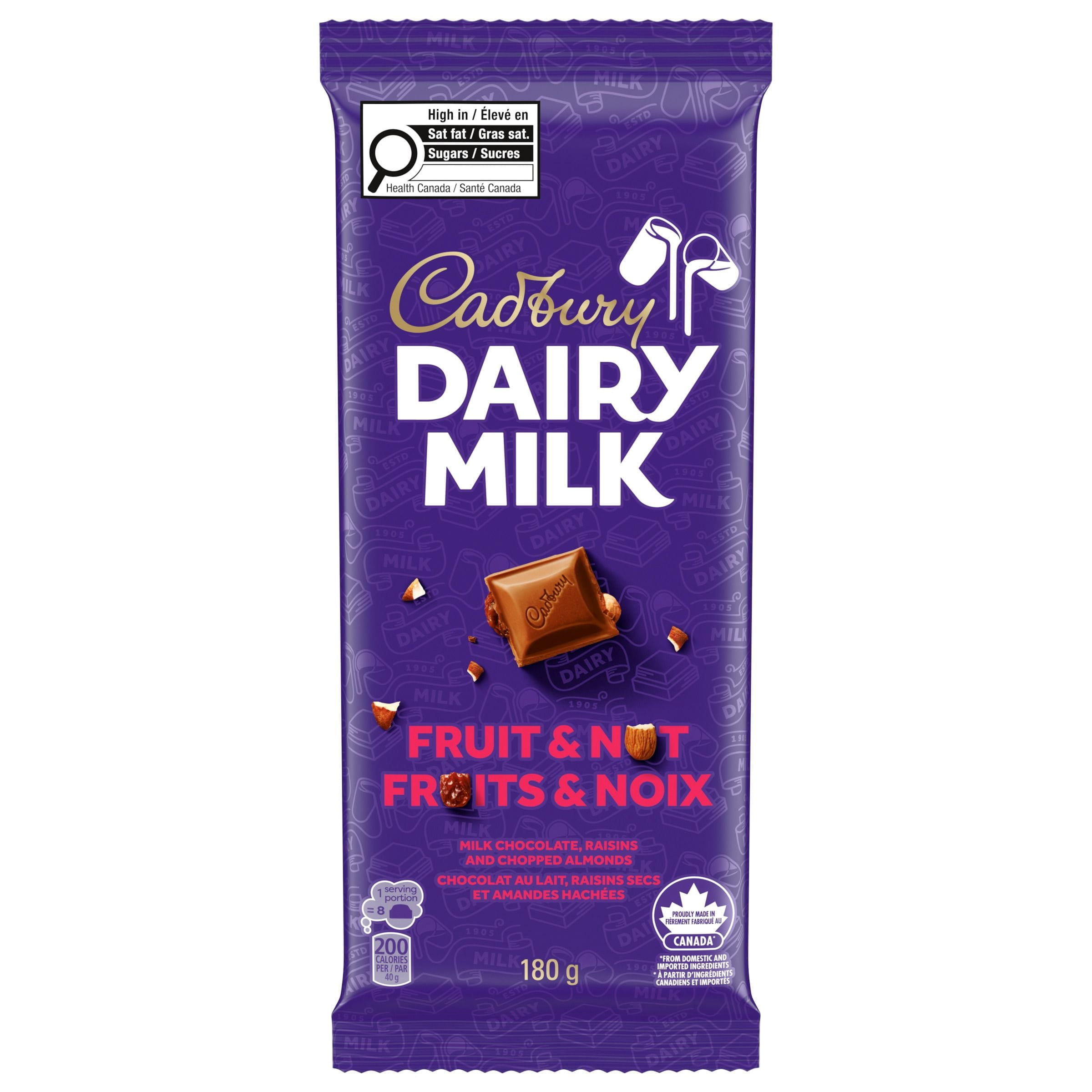 CADBURY DAIRY MILK, Fruit & Nut Chocolate Bar, CADBURY DAIRY MILK Milk Chocolate with Raisins and Chopped Almonds, 180g
