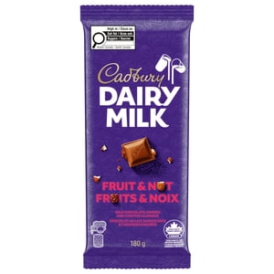 CADBURY DAIRY MILK, Fruit & Nut Chocolate Bar, CADBURY DAIRY MILK Milk Chocolate with Raisins and Chopped Almonds, 180g