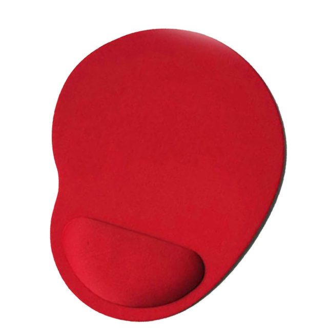 Wrist Rest Mouse Pad Office Mouse Pad with ergonomic design, featuring soft elastic EVA foam wrist support. The pad is red with a small waist shape, designed for office use and PC gaming. Made from premium cloth and EVA foam for comfort, pain relief, and wrist fatigue reduction.