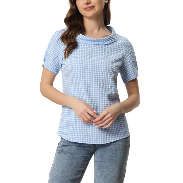 INSPIRE CHIC Haut à Carreaux à Col Rond à Manches Courtes des Années 1950 pour Femme Bleu TG