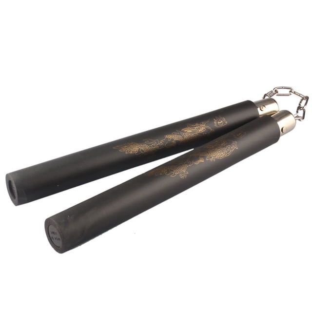 New Martial Arts Foam Nunchucks Karate Nunchakus Dragon View featuring black foam sticks with gold dragon designs, connected by a chrome-plated metal chain. The foam sticks measure approximately 30 cm in length and 3 cm in diameter, with a chain length of 18.6 cm. Ideal training gear for safe practice in martial arts and karate.