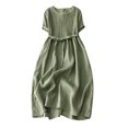 thumbnail image 2 of Meichang Robes Midi en Coton et Lin pour Femmes Unies à Taille Nouée Plissées Robes d'Été à Manches Courtes Col Ras du Cou Robes Fluides Coupe Ample Décontractées Robes Trapèze Vert TG, 2 of 4