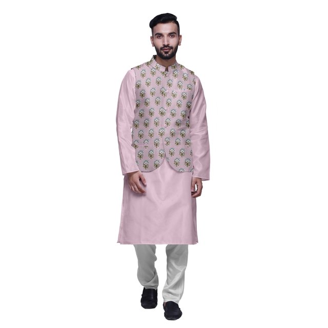 Atasi Kurta Pyjama Traditionnel Uni à Col Mandarin avec Ensemble de Veste Imprimée