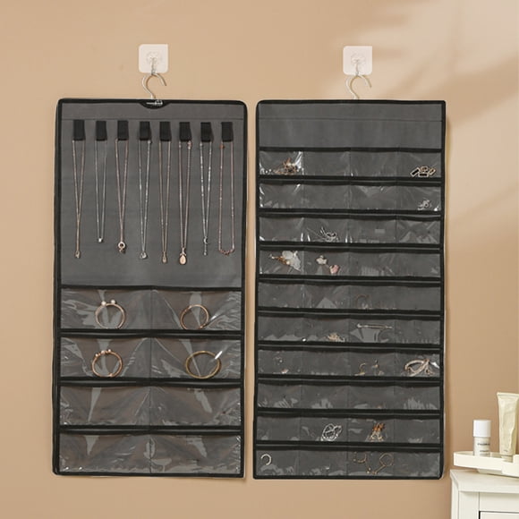 Rvkxad Hanging Jewelry Organizer with 48 Bags, Double Sided Travel Storage Roll for Necklace Earrings Rings, Jewelry Hanger Closet Door
