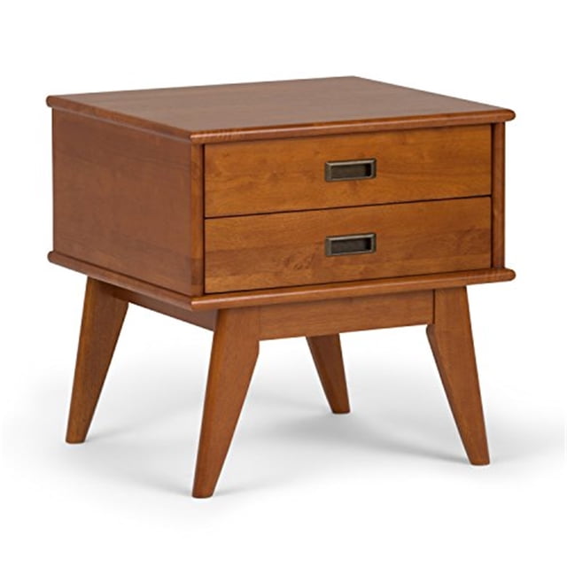 SIMPLIHOME Draper Table d'Appoint Rectangulaire en Bois Franc Massif de 22 Pouces de Large Style Milieu du Siècle Moderne en Brun Teck avec Rangement, 2 Tiroirs, pour le Salon et la Chambre
