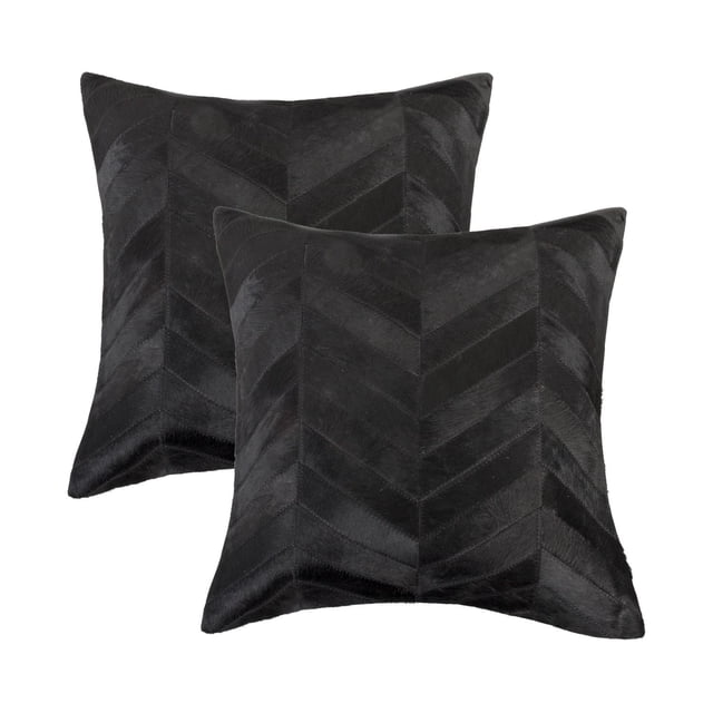 TORINO CHEVRON COWHIDE PILLOW 18"X18" 2-PACK with two black square pillows crafted from 100% natural Indian cowhide, featuring a hand-stitched chevron pattern, hidden zipper closure, and ultra-soft microsuede backing, ideal for layering in home décor and suitable as stylish floor cushions.