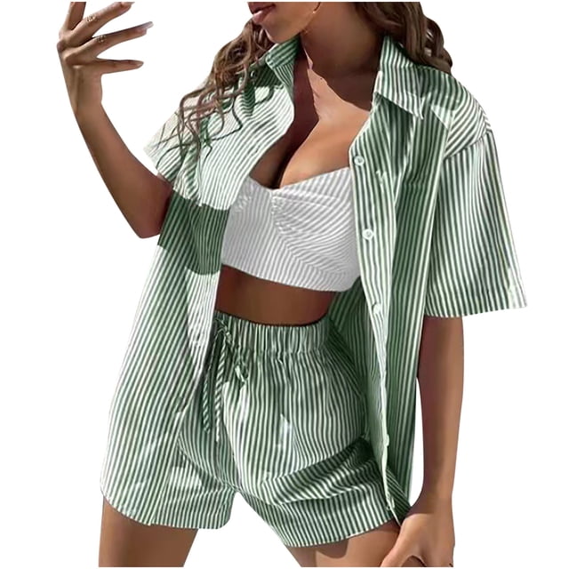 Tenues Mignonnes Deux Pièces pour Femmes Ensembles de Vêtements pour Femmes Tenues Ensemble de Vêtements Femme Col Rabattu Manches Courtes Ensemble Style Pantalon Décontracté S_554 Survêtements pour Femmes Vert m