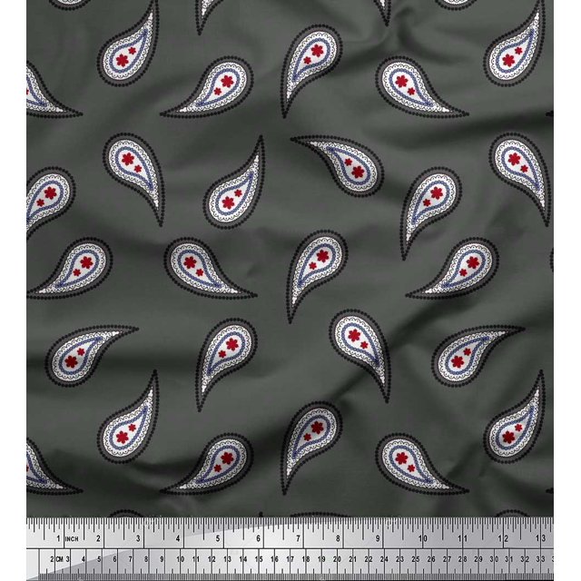 Soimoi Grey Rayon Fabric Floral & Paisley Printed Fabric 1 Yard 42 Inch Wide
