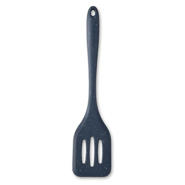 Thyme & Table Silicone Slotted Turner in speckled navy blue with a long handle featuring a hanging hole and three vertical slots on the silicone head for draining, suitable for flipping and serving food in the kitchen.