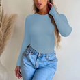 thumbnail image 4 of Hauts Bleus pour Femmes T-Shirt de Printemps et d'Automne pour Femmes, Coupe Ample, Ajusté, Élastique, Uni, Manches Longues, Col Rond, Haut, Hauts de Sortie pour Femmes, 4 of 4