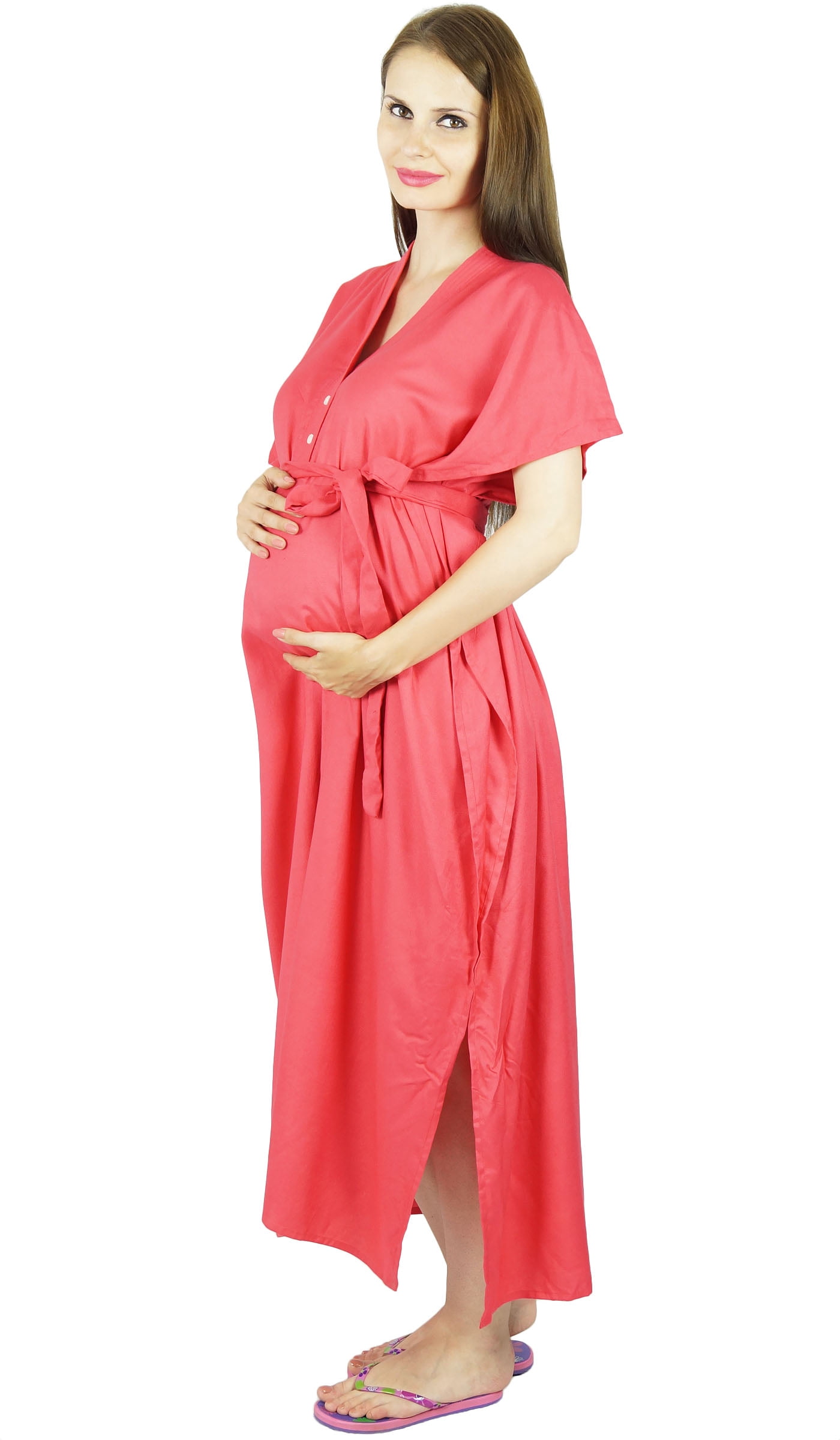 Bimba Maternity Hospital Kaftan With Belt Rayon Nursing Night Gown| Front & Back Buttons