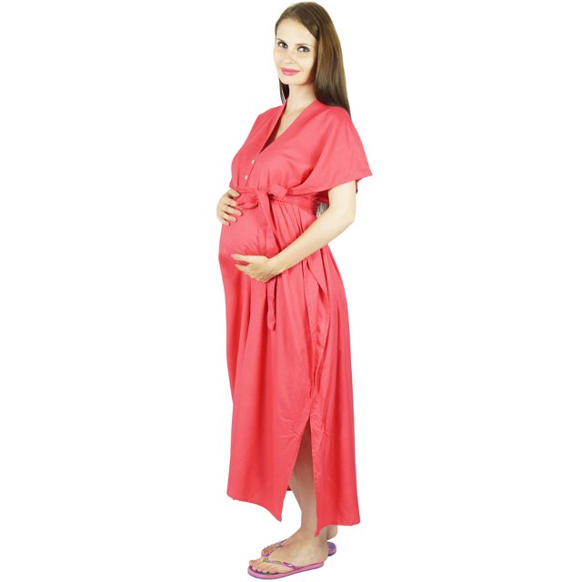 Bimba Maternity Hospital Kaftan With Belt Rayon Nursing Night Gown| Front & Back Buttons