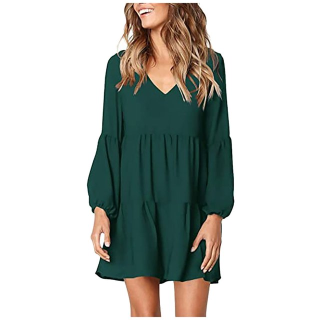Follure Femmes Mode Solide V-Cou Lanterne à Manches Longues Flowy Swing Shift Robe en Vrac Robes d'Été pour les Femmes