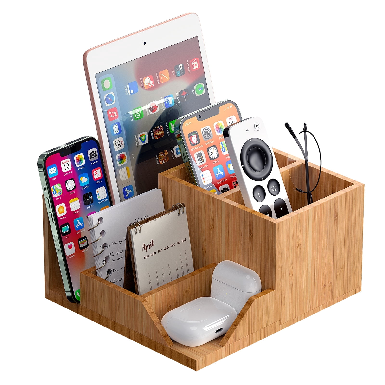 Pezin & Hulin Bamboo Desk Organizer, Multicompartment Storage Box, Multifunctional Office Container Holder for Table