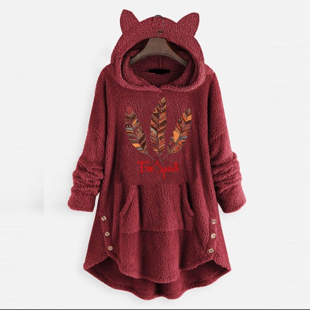 IROINID Manteau à Capuche Décontracté Mi-Long à Imprimés Graphiques pour Femmes, Manches Longues, Bordeaux