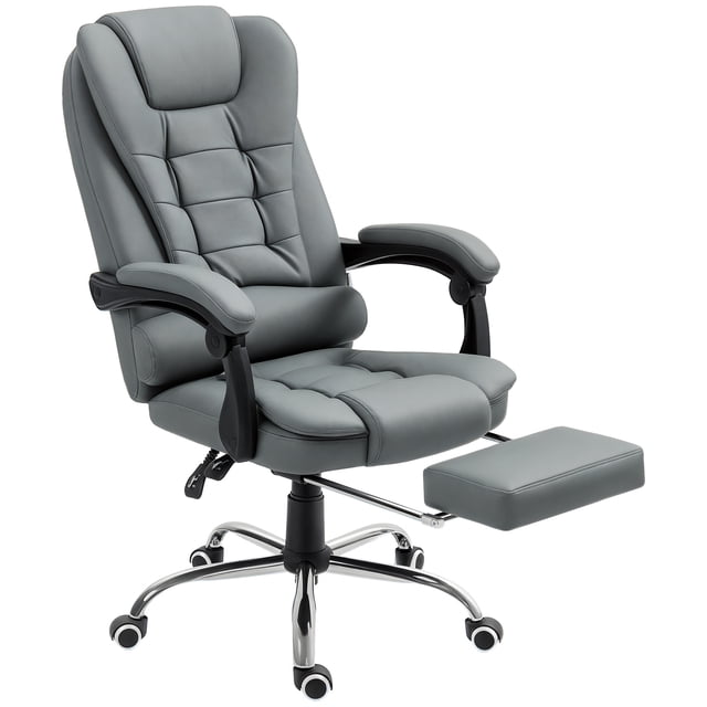 HOMCOM Executive Office Chair PU Leather Reclining Chair with Arms in grey, a modern office chair featuring a high back design, padded armrests, retractable footrest, and 360-degree swivel casters. Upholstered in easy-care PU leather with sponge padding for comfort. Adjustable recline up to 145 degrees with tension control mechanism, ideal as a desk chair for long hours.