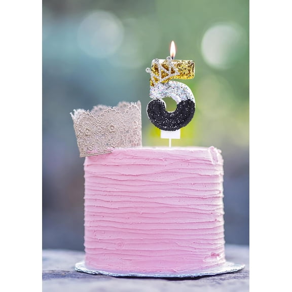 Kinsynko Couronne Numéro Bougie 5 Décoration de Gâteau pour Petite Fille Prince Princesse 5e Anniversaire Fête, Paillettes Noir Argent et Or (2,95 Pouces)
