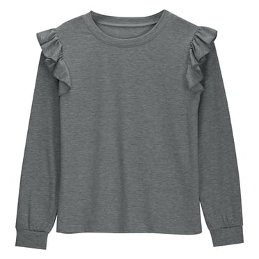 Amzcrzy Chemise de Printemps pour Filles à Manches Longues, Col Ras du Cou, Hauts Habillés Décontractés, Blouses, Hauts, Chemises de Couleur Unie, Mignons Chandails à Col Ras du Cou avec Épaules à Volants, Chandails à Enfiler, Hauts 4-12 Ans