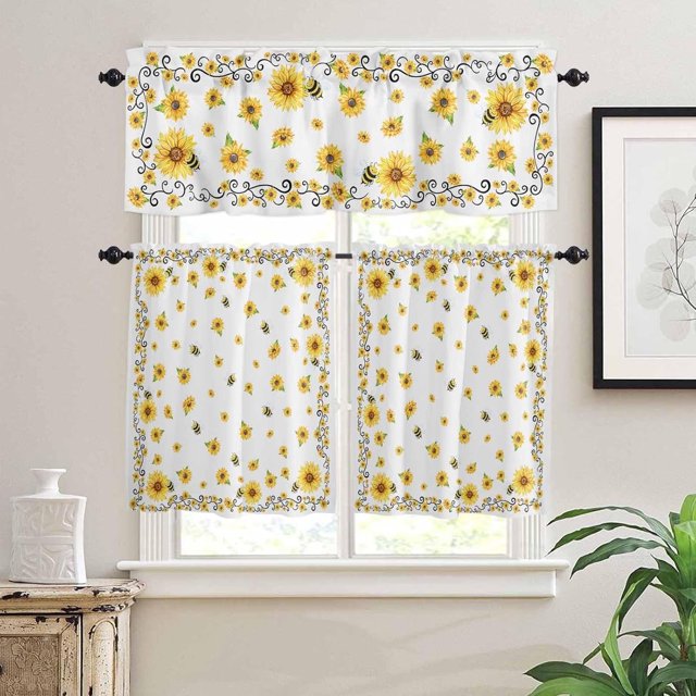 Yellow Bee Sunflower Summer 3-Piece Kitchen Curtain Set, Rod Pocket Kitchen Curtain Valance and Tiers Set, Washable Drape Window Treatment Set, Seasonal Spring