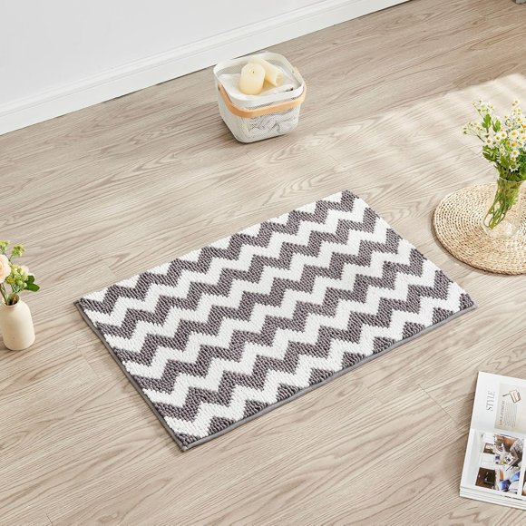 CozeCube Chenille Bathroom Rugs 36" x 24", Soft Microfiber Chevron Bath Mats for Bathroom, Non Slip Shaggy Bath Rugs Machine-Washable, Plush Absorbent Shower Mat, Grey
