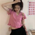 thumbnail image 2 of Promotion Dégagement Femmes V-Cou Ébouriffé T-shirts Courts Mode Manches Courtes Tricot T-shirt Femmes Été Cardigans Top, 2 of 5
