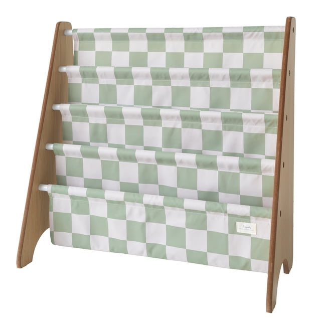 3 Sprouts Recycled Fabric Kids Book Rack Storage Bookshelf Organizer in Green Checkerboard for Ages 3+. A front-facing view of a compact bookshelf with a green and white checkerboard fabric design and wooden side panels. Designed to keep books at a child's level, it features multiple fabric sling compartments for easy organization and access. Suitable for creating a cozy reading nook for toddlers and young children.